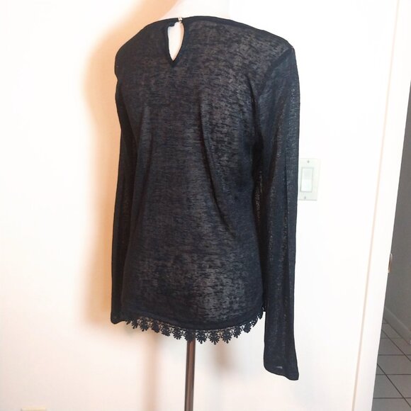 EYESHADOW SIZE M BLACK SHEER KNIT WITH LACE TRIM LONG SLEEVE TOP - Picture 3 of 11